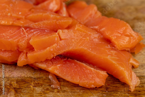 sliced pieces of trout fillet, close up