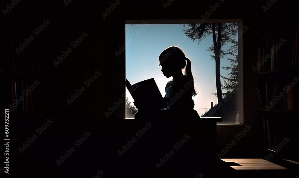  a woman sitting in a dark room with a laptop computer in her hand and a book in her hand, in front of a window.  generative ai