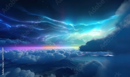  a painting of a rainbow in the sky above the clouds with a rainbow in the middle of the sky and a rainbow in the middle of the clouds. generative ai