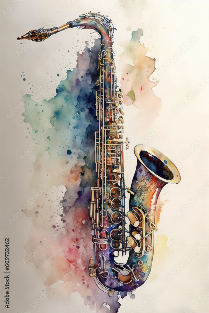 Naklejka premium Watercolor drawing of a beautiful saxophone. Generative AI.
