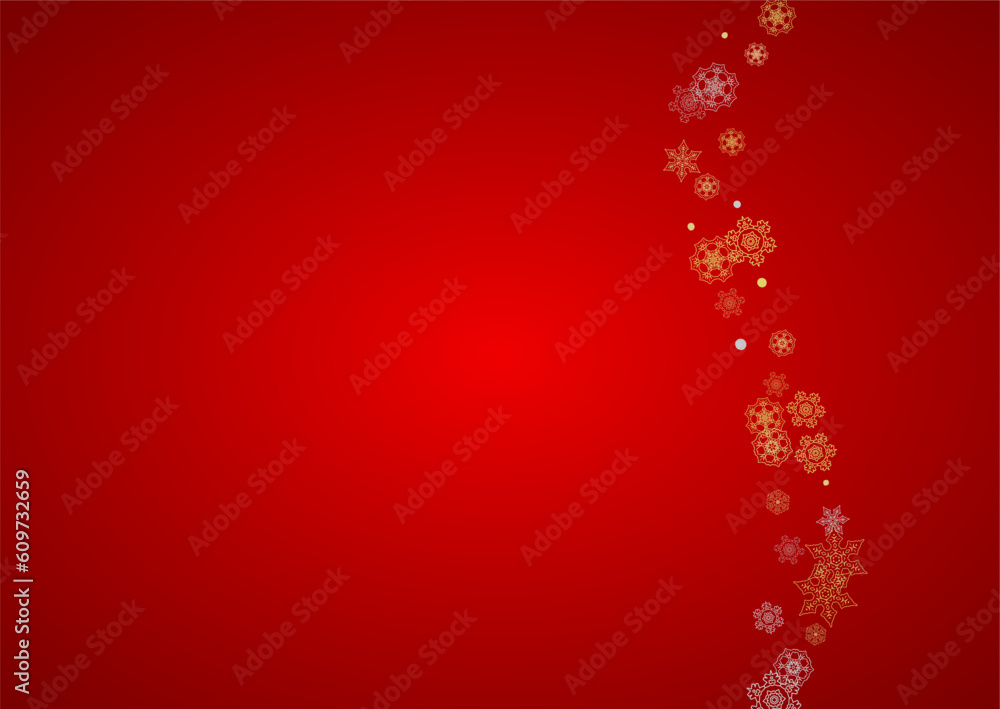 Christmas snow on red background. Glitter frame for winter banners, gift coupon, voucher, ads, party event. Santa Claus colors with golden Christmas snow. Horizontal falling snowflakes for holiday.