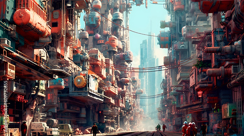 Artificial City with Vaporpunk Aesthetics. AI generated. photo