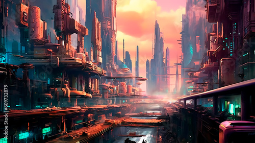 Artificial City with Vaporpunk Aesthetics. AI generated. photo