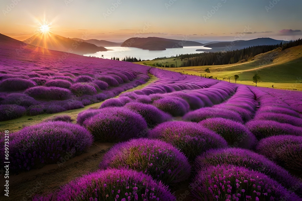 Obraz premium A cluster of purple lavender flowers swaying gently in a summer breeze