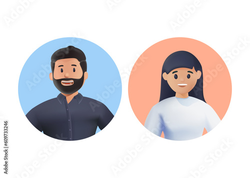 Young smiling man and woman avatars set. 3d vector people character illustration. 3D people illustration, user profile