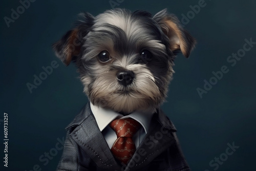 Portrait of a Puppy dressed in a formal business suit, created with generative AI
