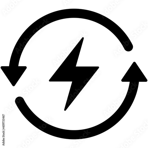 Black round recharging icon, simple energy arrow flat design vector pictogram, infographic for app logo web website button ui ux interface elements isolated on white background