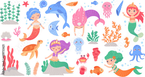 Mermaids and seaweed. Swimming mermaid little princess with sea plant and marine animals  stickers for child aquarium ocean underwater girl characters ingenious vector illustration