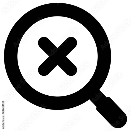 Black single round close error X with magnifier glass icon, simple search result flat design vector pictogram, infographic interface elements for app logo web button ui ux isolated on white background