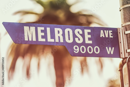 A street sign marking the famous Melrose Avenue in West Hollywood, California.