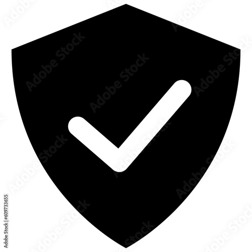 Black shield with check mark filled icon, simple ok confirmation shape flat design pictogram concept vector for app ads web banner button ui ux interface elements isolated on white background