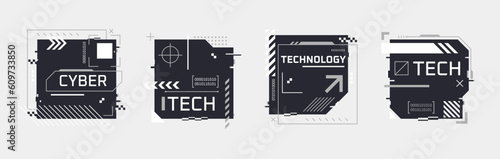 Hi-tech notes. Cyberpunk sci-fi technology concept poster, scifi abstract geometric frame box for gaming channel game festival, futuristic ui tech hud element vector illustration