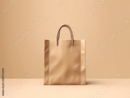 Beige gold shopping bags. Beige gold background.