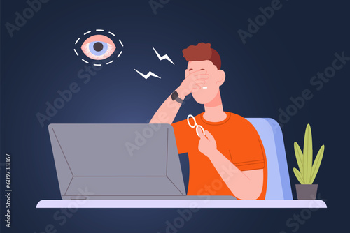 Man with dry eyes. Tired businessman at laptop suffer pain in sick hurt eye from computer, fall eyesight blurry clinical problems ophthalmology, conjunctivitis vector illustration