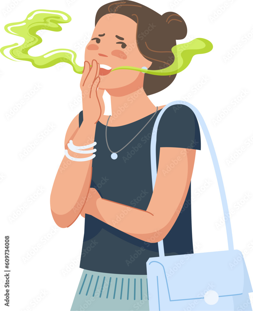 Woman bad breathing. Teenager asian girl with disgusted breath from mouth, bacteria halitosis disease or dental tooth trouble, smelly odor stink in conversation vector illustration - obrazy, fototapety, plakaty 