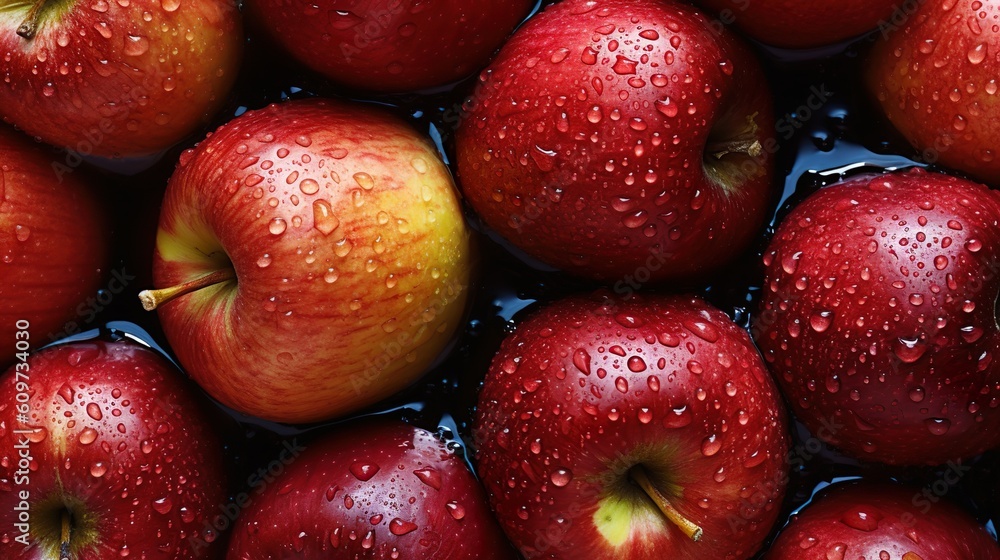 Fresh apples with water droplets of top view made with Ai generative technology Fresh apples with water droplets of top view made with Ai generative technology