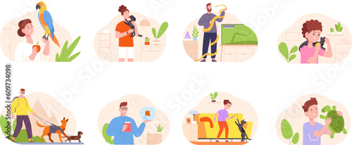 Families owner pets. People pet care owners, woman cuddle puppy man hold snake, family children walk or training adopt dog canine love petting hug cat, splendid vector illustration