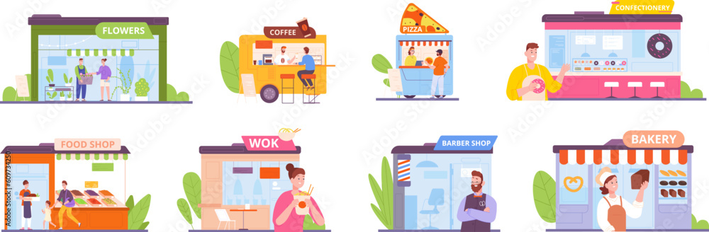 Owners family business. Diverse small entreprise for customer leisure, couple start restaurant italian pizza meal grocery store coffee shop chef bakery splendid vector illustration