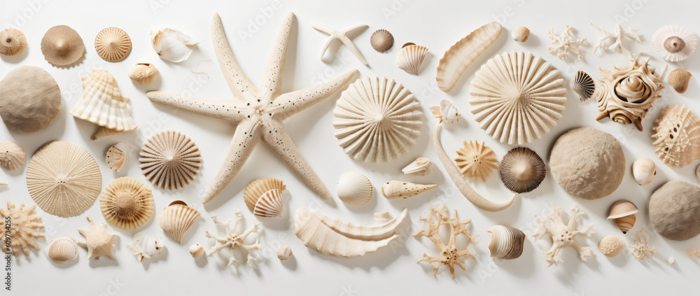 Arafed starfishs and shells arranged in a circle on a white surface, Generative Ai