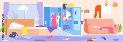 Bedroom scattered clothes. Messy bad disorganized interior scatter dress clutter wardrobe inside dirty room home apartment clothing chaos unclean floor splendid vector illustration