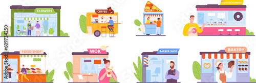 Owners family business. Diverse small entreprise for customer leisure, couple start restaurant italian pizza meal grocery store coffee shop chef bakery splendid vector illustration