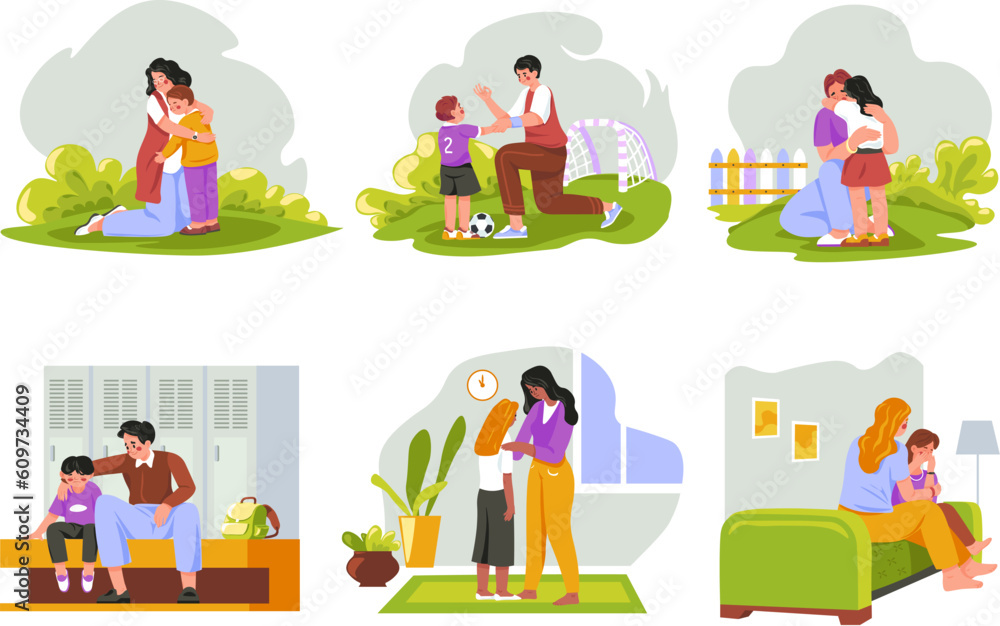 Obraz premium Parents comforting. Parent interacting serious kid sadness teenager, dad and mom talk upset son or daughter, woman hug crying child, parenthood support recent vector illustration
