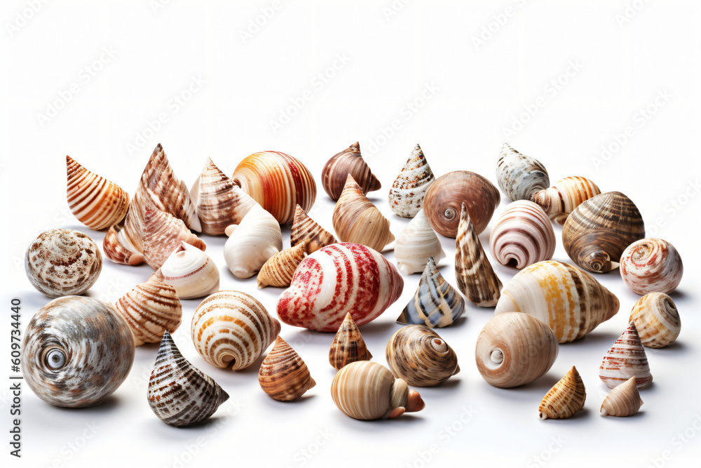 A close up of a group of shells on a white surface, Generative Ai, Generative Ai A close up of a group of shells on a white surface, Generative Ai, Generative Ai