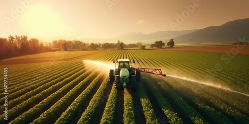 AI Generated. AI Generative. Photo air drone illustration of Tractor spraying pesticides on field farm landscape. Graphic Art