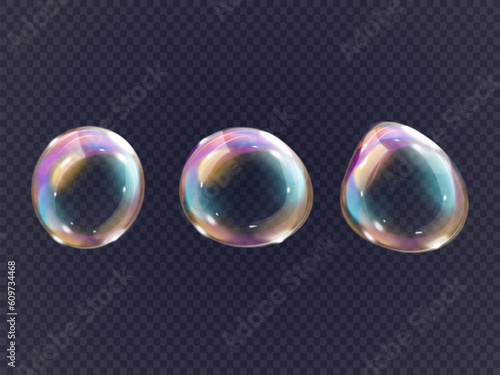 Blowing realistic bubbles. 3D oxygen detergent soap water bubble, shiny flowing drop foam balls or clear dreamy fun glossy sphere from bath bubbly shampoo exact vector illustration