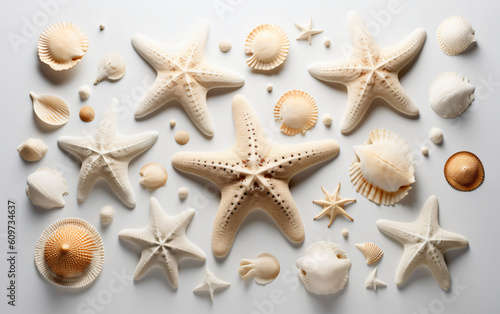 Arafed starfishs and shells arranged in a circle on a white surface, Generative Ai