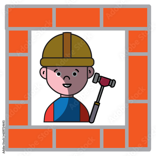 vector icons of a dejected man with a hammer with orange border and white background