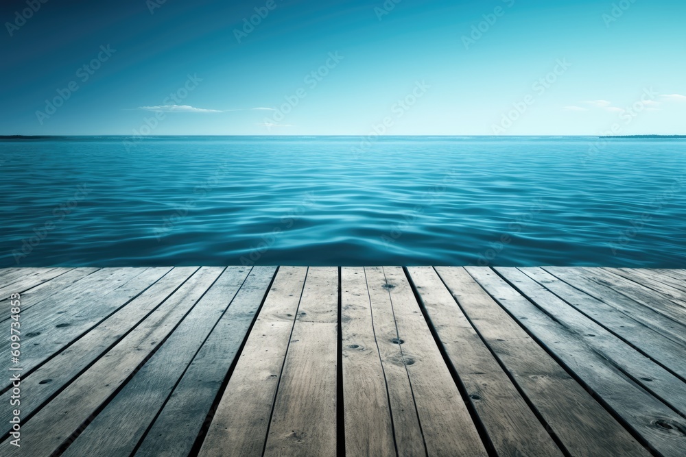 Wooden background, blue water, and sky. Generative AI