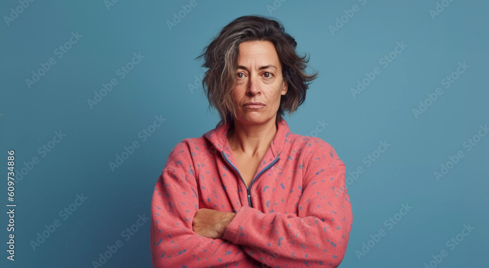 Fototapeta premium Studio portrait of emotional and exhausted middle aged woman in pink pajamas, close up with blue background, Generative AI