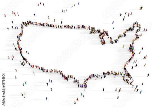 Large group of multiracial people gathered together to shape the border of United States of America map, USA infographic concept, top view, on transparent background	 photo