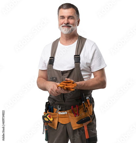 portrait of mature happy handyman isolated on transparent background photo