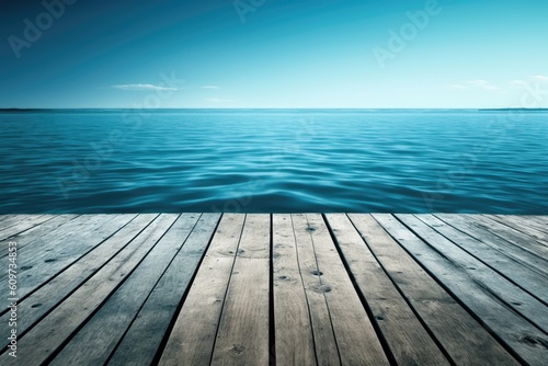 Wooden background, blue water, and sky. Generative AI