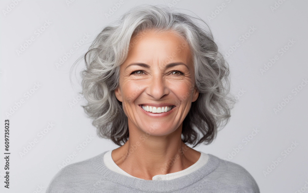 Studio portrait of happy middle aged woman in gray sweater, close up with white background, Generative AI Studio portrait of happy middle aged woman in gray sweater, close up with white background, Generative AI