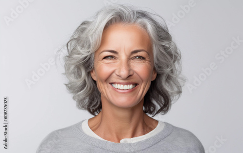 Studio portrait of happy middle aged woman in gray sweater, close up with white background, Generative AI