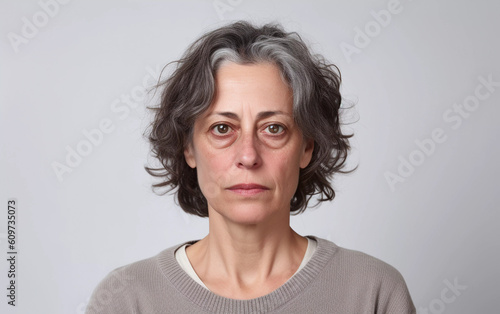 Studio headshot portrait of exhausted middle aged woman, close up with light gray background, Generative AI © Elena