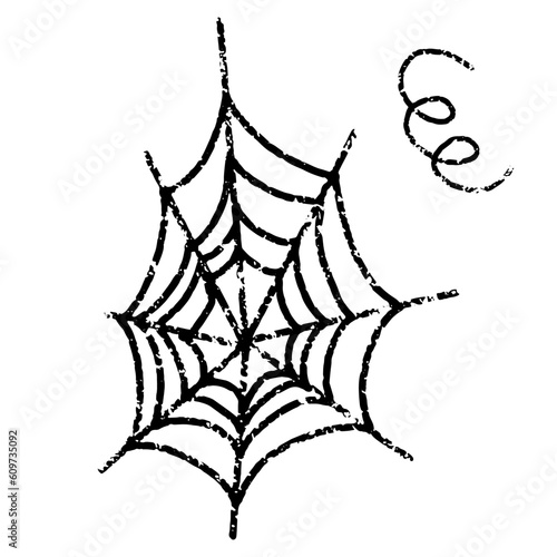 Grunge texture doodle illustration of cobweb. Halloween icon. Thin monochrome web. Isolated black element on a white background. Hand drawing. Element for holiday design.