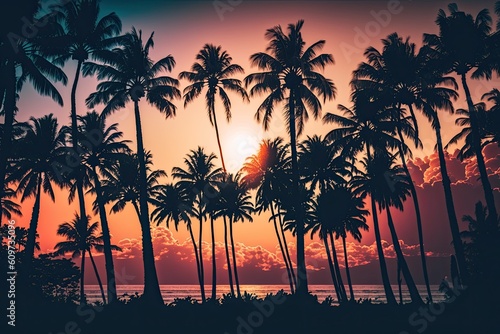 Vintage Retro Hawaii Palm Trees Filtered at Sunset. Generative AI