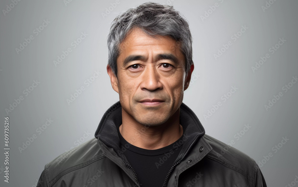 Obraz premium Studio portrait of mature middle aged man, close up with gray background
