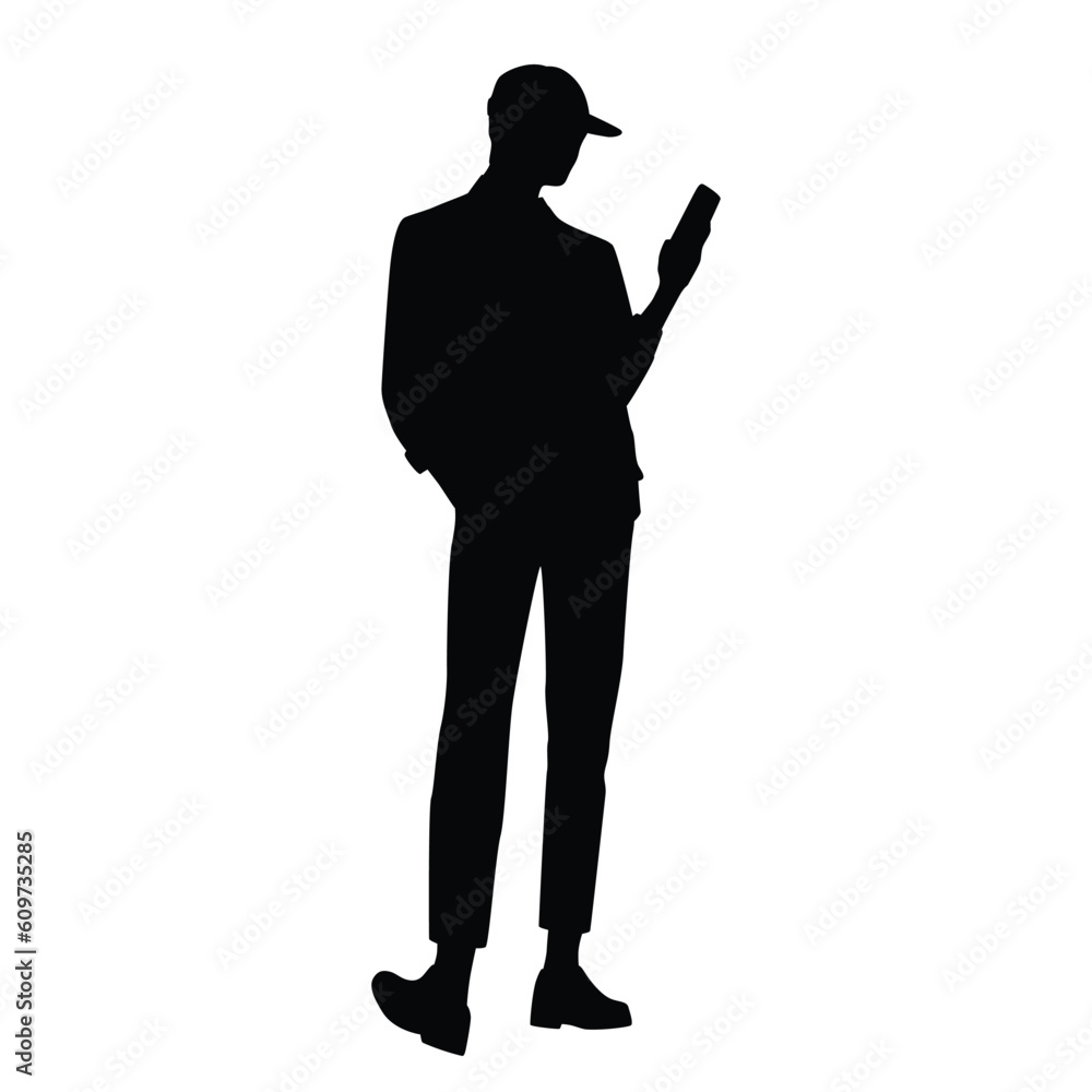 Vector silhouette of a man standing with smart phone, businessman, black color, isolated on a white background Vector silhouette of a man standing with smart phone, businessman, black color, isolated on a white background