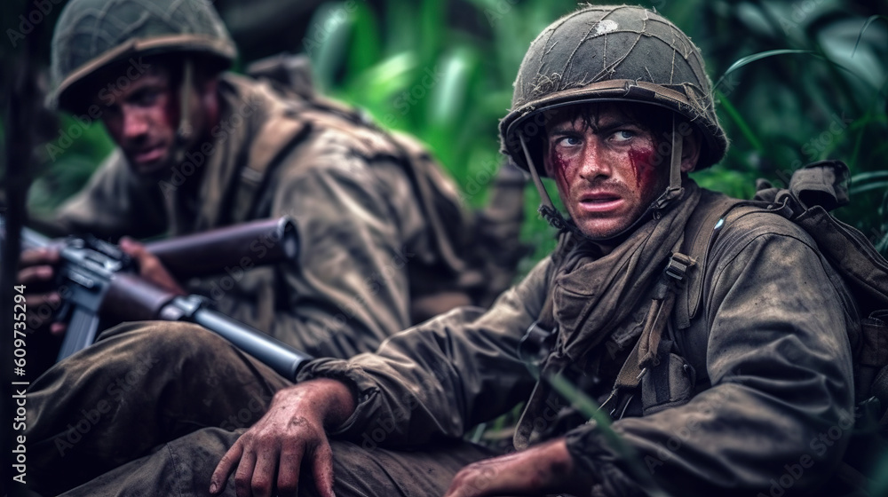 An American soldier in position with blood on his face. Generative Ai