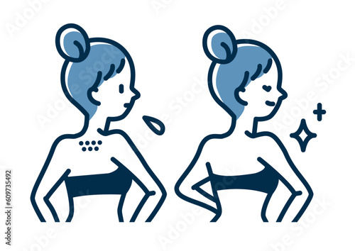 背中の産毛を処理した後の毛穴と剃り残しをきれいにした女性のビフォーアフター