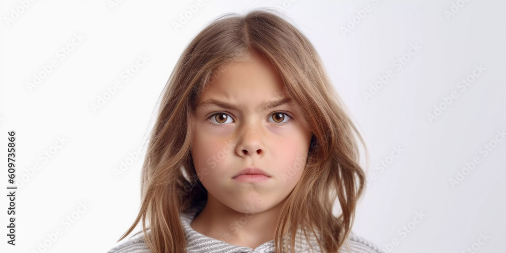 Studio portrait of unhappy young girl, close up with white background, Generative AI Studio portrait of unhappy young girl, close up with white background, Generative AI