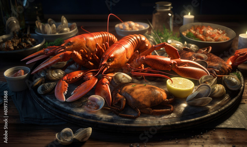 Seafood tasty expensive cuisine. Rich lunch of lobster. Generative AI.