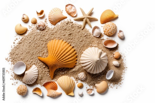 Top view of sea shells in a sand pile isolated on a white backdrop. Generative AI