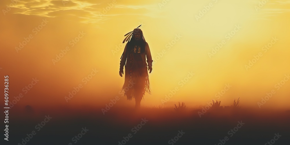 AI Generated. AI Generative. Native american indian western chief apache warrior in the fog mist cinematic shot. Graphic Art - obrazy, fototapety, plakaty 