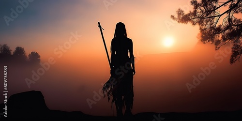 AI Generated. AI Generative. Native american indian western chief apache warrior in the fog mist cinematic shot. Graphic Art photo